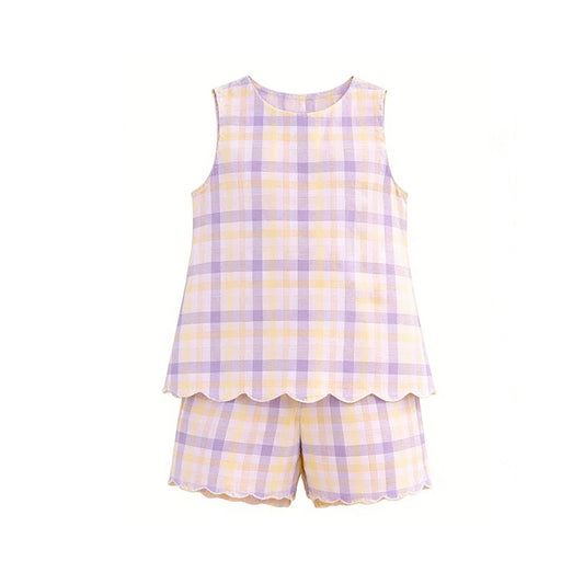 Baby Girls Sleeveless Colorful Checked Top Short Scallop Clothes Sets Preorder