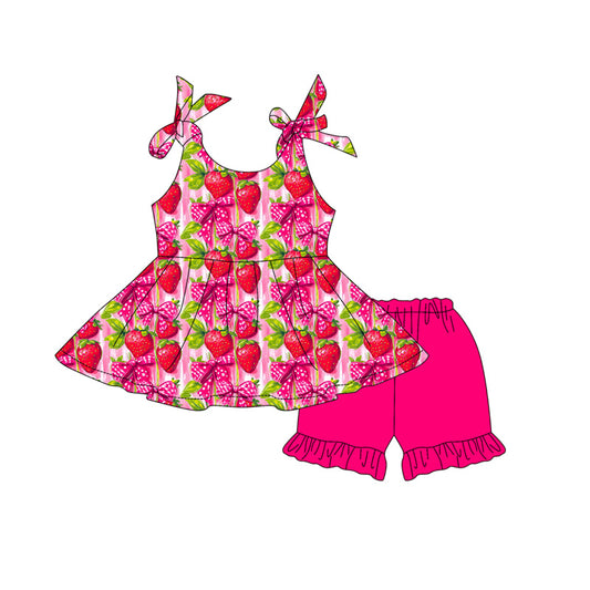 Baby Girls Strap Bows Strawberry Patchwork Tunic Ruffle Short Clothes Sets Preorder