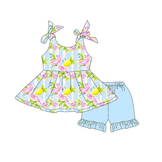 Baby Girls Strap Watermelon Lemons Patchwork Tunic Ruffle Short Clothes Sets Preorder