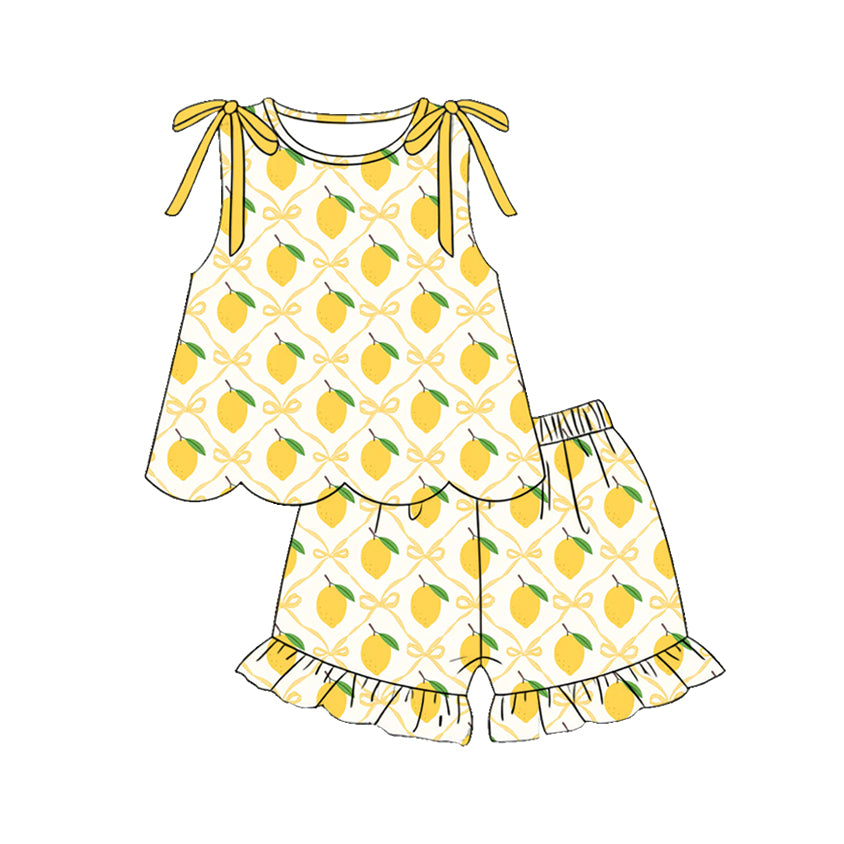 Baby Girls Sleeveless Bows Lemons Checked Tunic Ruffle Shorts Clothes Sets Preorder