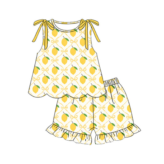 Baby Girls Sleeveless Bows Lemons Checked Tunic Ruffle Shorts Clothes Sets Preorder