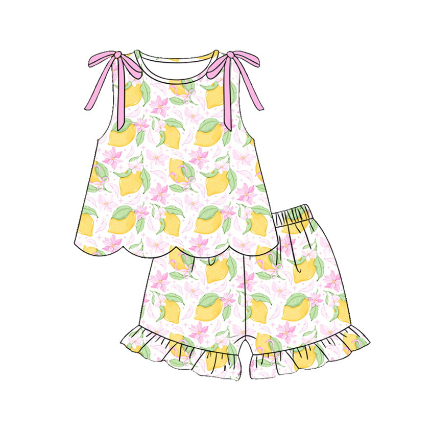 Baby Girls Sleeveless Flowers Lemons Tunic Ruffle Shorts Clothes Sets Preorder