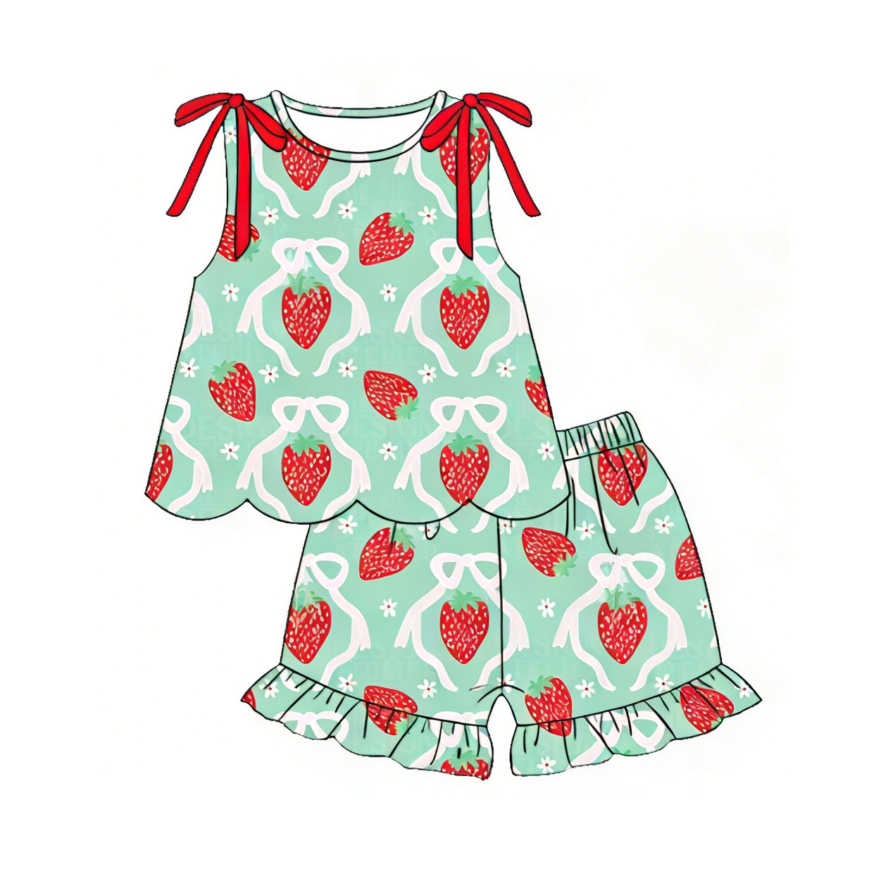 Baby Girls Sleeveless Bows Strawberry Tunic Ruffle Shorts Clothes Sets Preorder