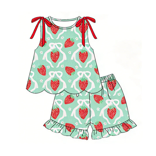 Baby Girls Sleeveless Bows Strawberry Tunic Ruffle Shorts Clothes Sets Preorder