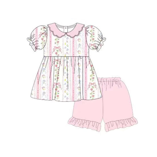 Baby Girls Bows Flowers Stripe Collar Tunic Ruffle Shorts Clothes Sets Preorder