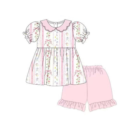 Baby Girls Bows Flowers Stripe Collar Tunic Ruffle Shorts Clothes Sets Preorder