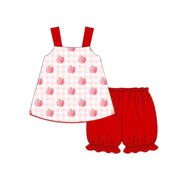 Baby Girls Red Strap Checked Apples Tunic Ruffle Shorts Back to School Clothes Sets Preorder