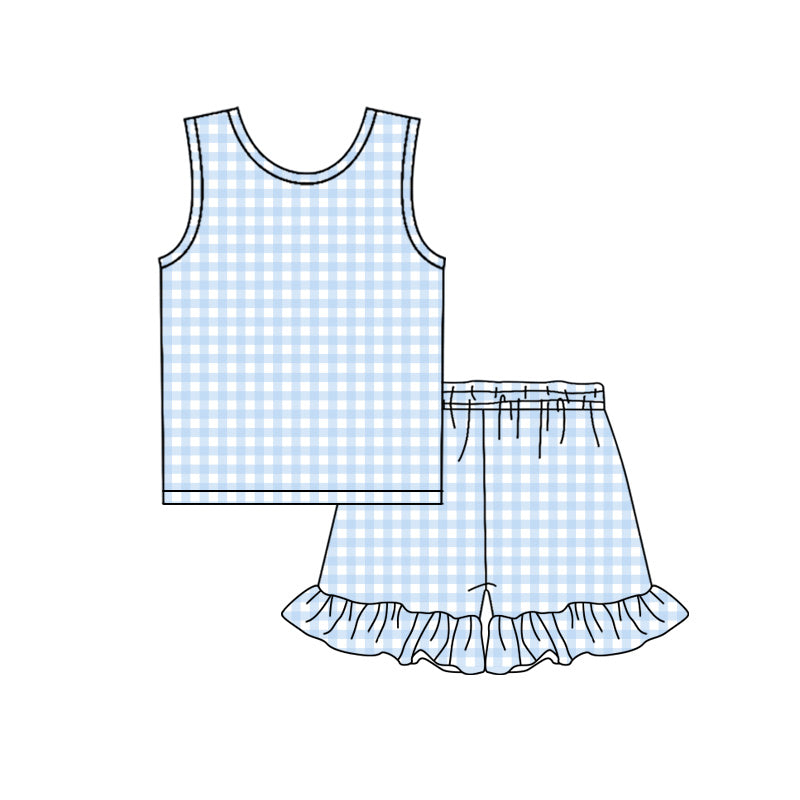 Baby Girls Sleeveless Blue Checked Top Ruffle Shorts Clothes Sets Preorder