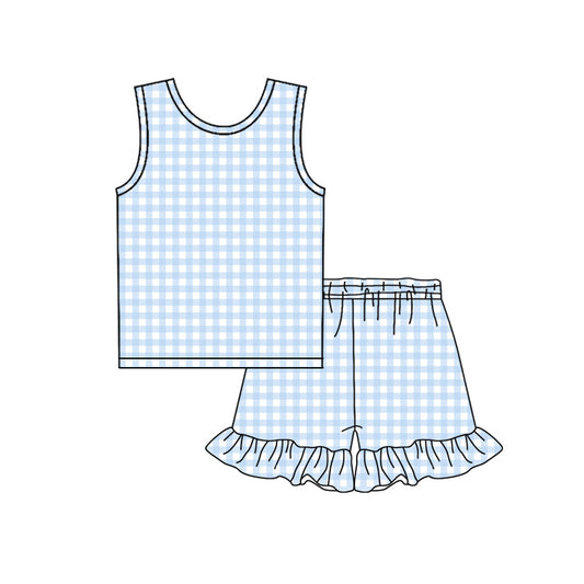 Baby Girls Sleeveless Blue Checked Top Ruffle Shorts Clothes Sets Preorder