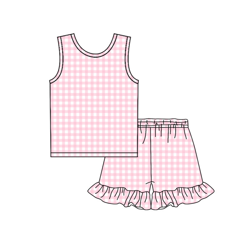 Baby Girls Sleeveless Pink Checked Top Ruffle Shorts Clothes Sets Preorder