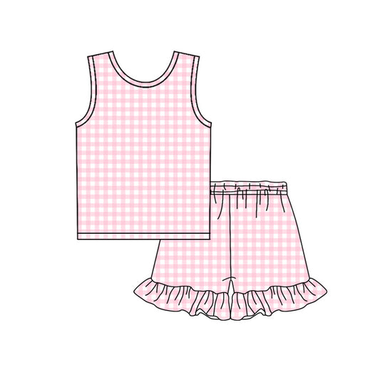 Baby Girls Sleeveless Pink Checked Top Ruffle Shorts Clothes Sets Preorder