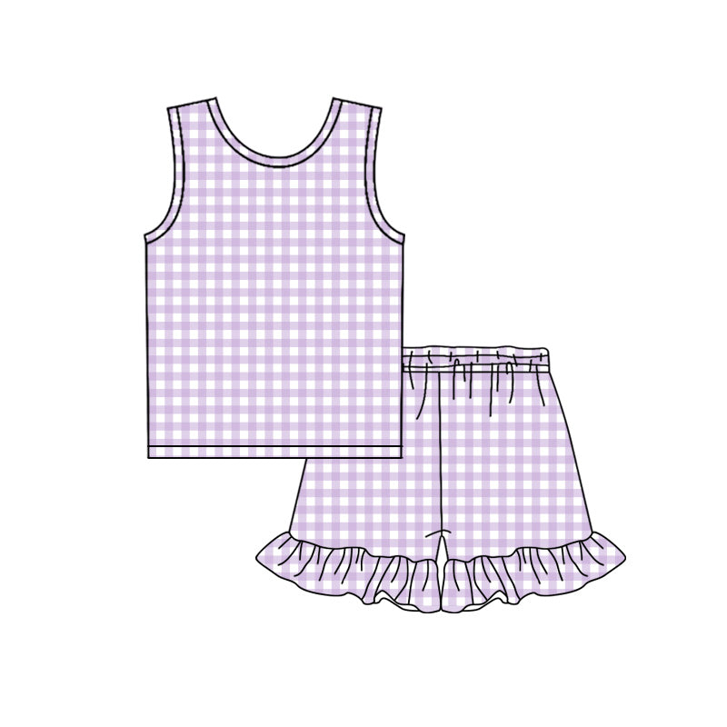 Baby Girls Sleeveless Lavender Checked Top Ruffle Shorts Clothes Sets Preorder