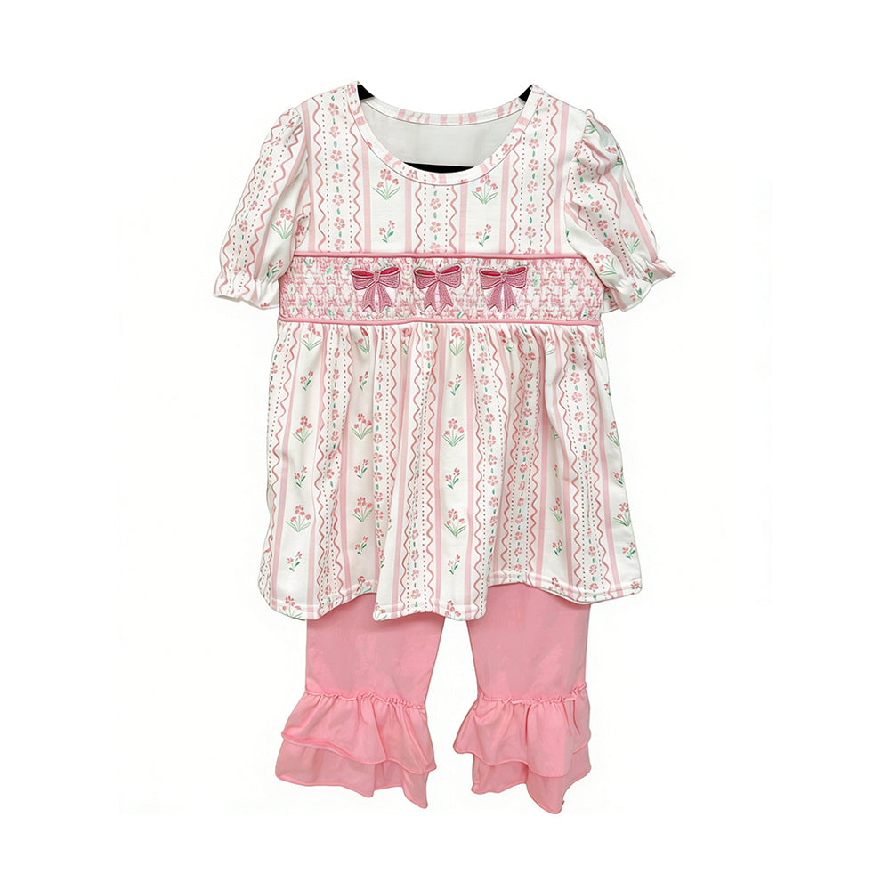 Baby Girls Flowers Stripe Bows Tunic Ruffle Shorts Clothes Set Preorder