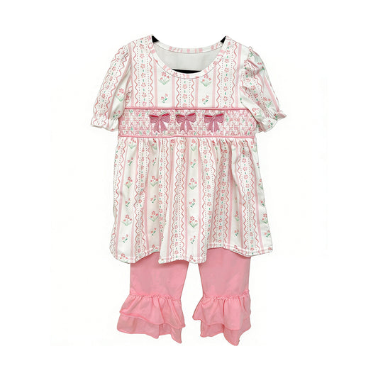 Baby Girls Flowers Stripe Bows Tunic Ruffle Shorts Clothes Set Preorder