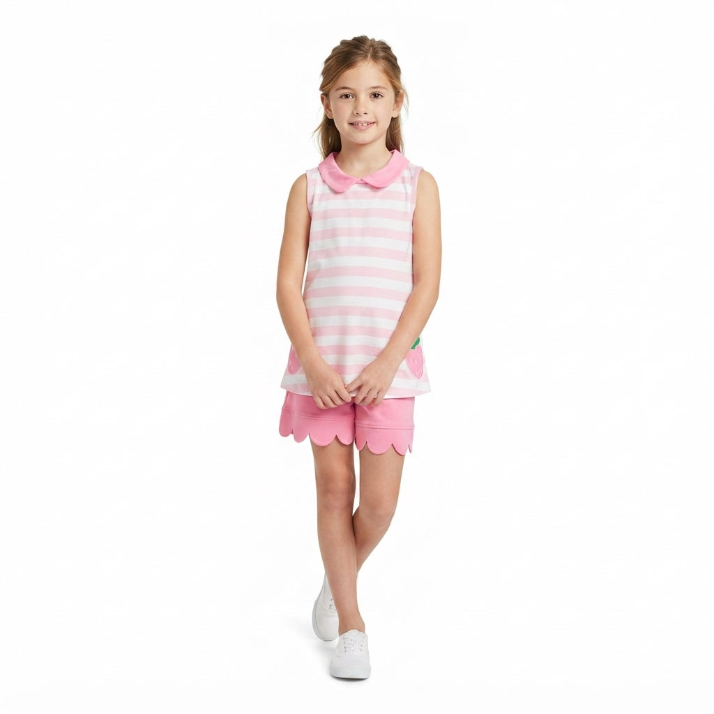 Embroidery Strawberry Baby Girls Pink Stripe Tunic Scallop Shorts Clothes Set