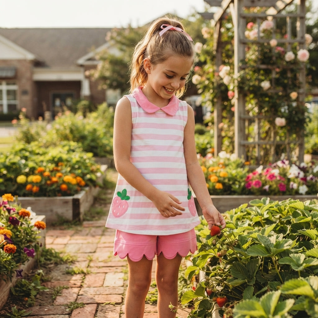 Embroidery Strawberry Baby Girls Pink Stripe Tunic Scallop Shorts Clothes Set