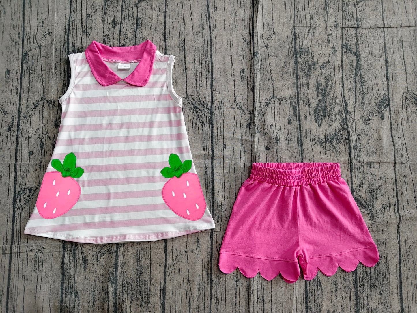 Baby Girls Pink Stripe Strawberry Collar Tunic Scallop Shorts Clothes Set Preorder