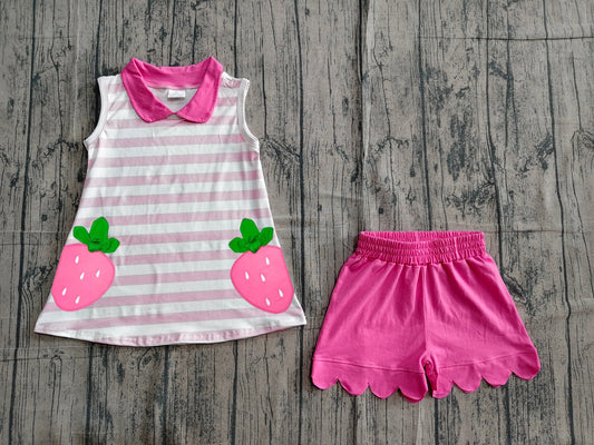 Baby Girls Pink Stripe Strawberry Collar Tunic Scallop Shorts Clothes Set Preorder