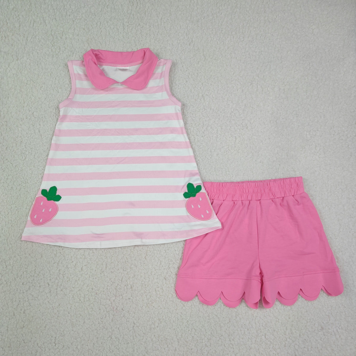 Embroidery Strawberry Baby Girls Pink Stripe Tunic Scallop Shorts Clothes Set