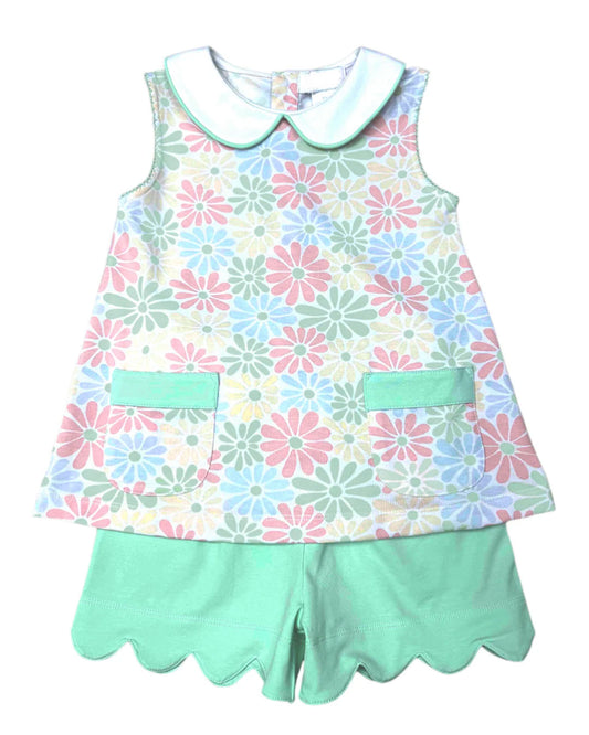 Baby Girls Colorful Daisy Collar Pockets Tunic Scallop Shorts Clothes Set Preorder