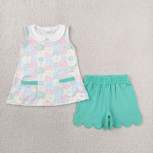 Baby Girls Colorful Daisy Collar Pockets Tunic Scallop Shorts Clothes Set