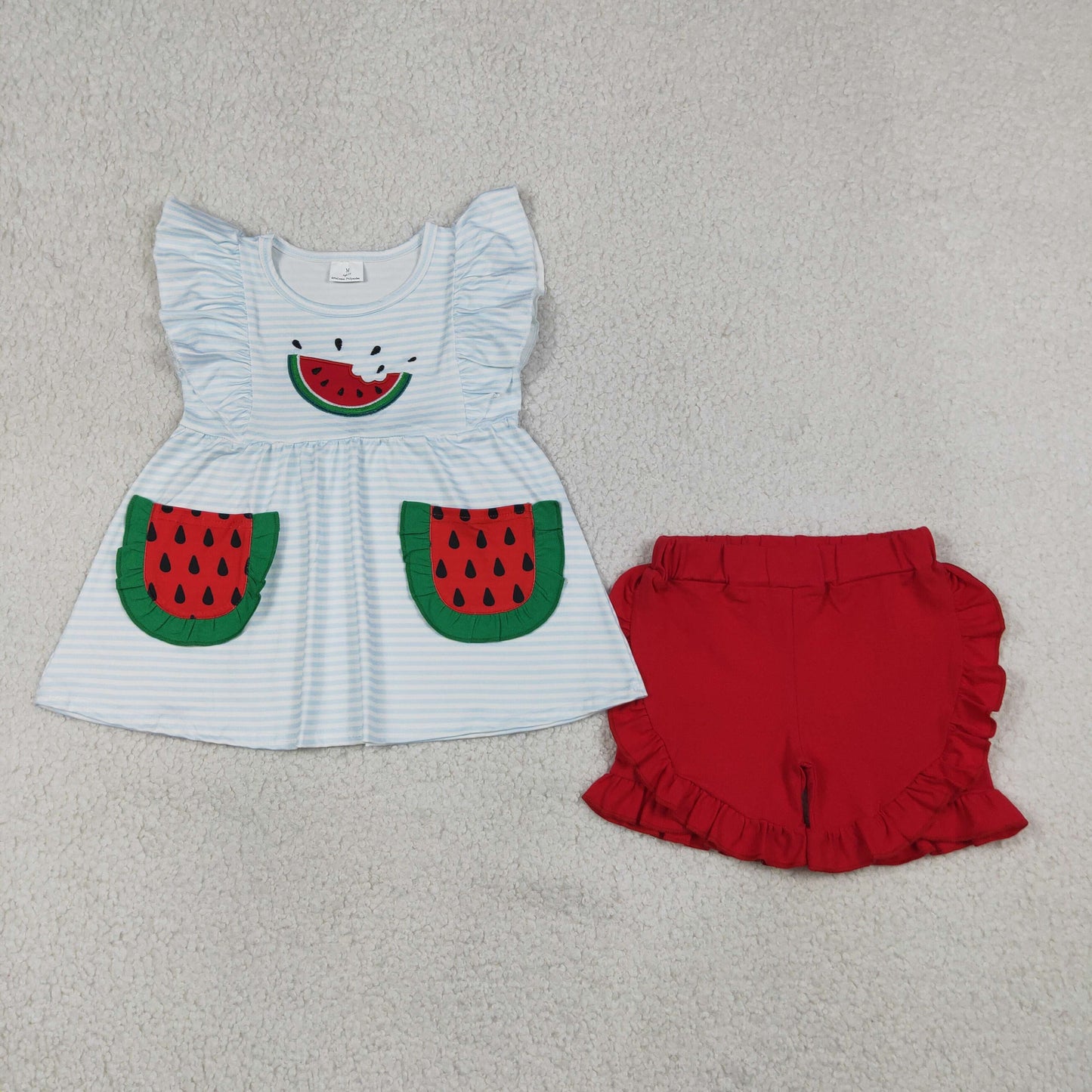 Embroidery Watermelon Baby Girls Blue Stripe Pockets Tunic Ruffle Short Clothes Sets
