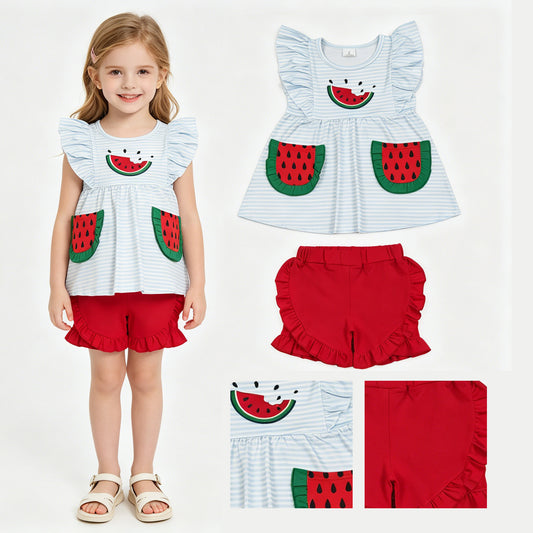 Embroidery Watermelon Baby Girls Blue Stripe Pockets Tunic Ruffle Short Clothes Sets