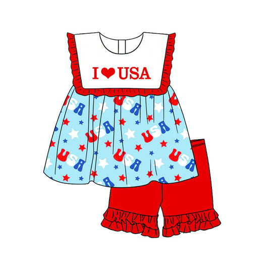 Baby Girls I Love USA Stars Tunic Ruffle Short 4th of July Clothes Sets Preorder