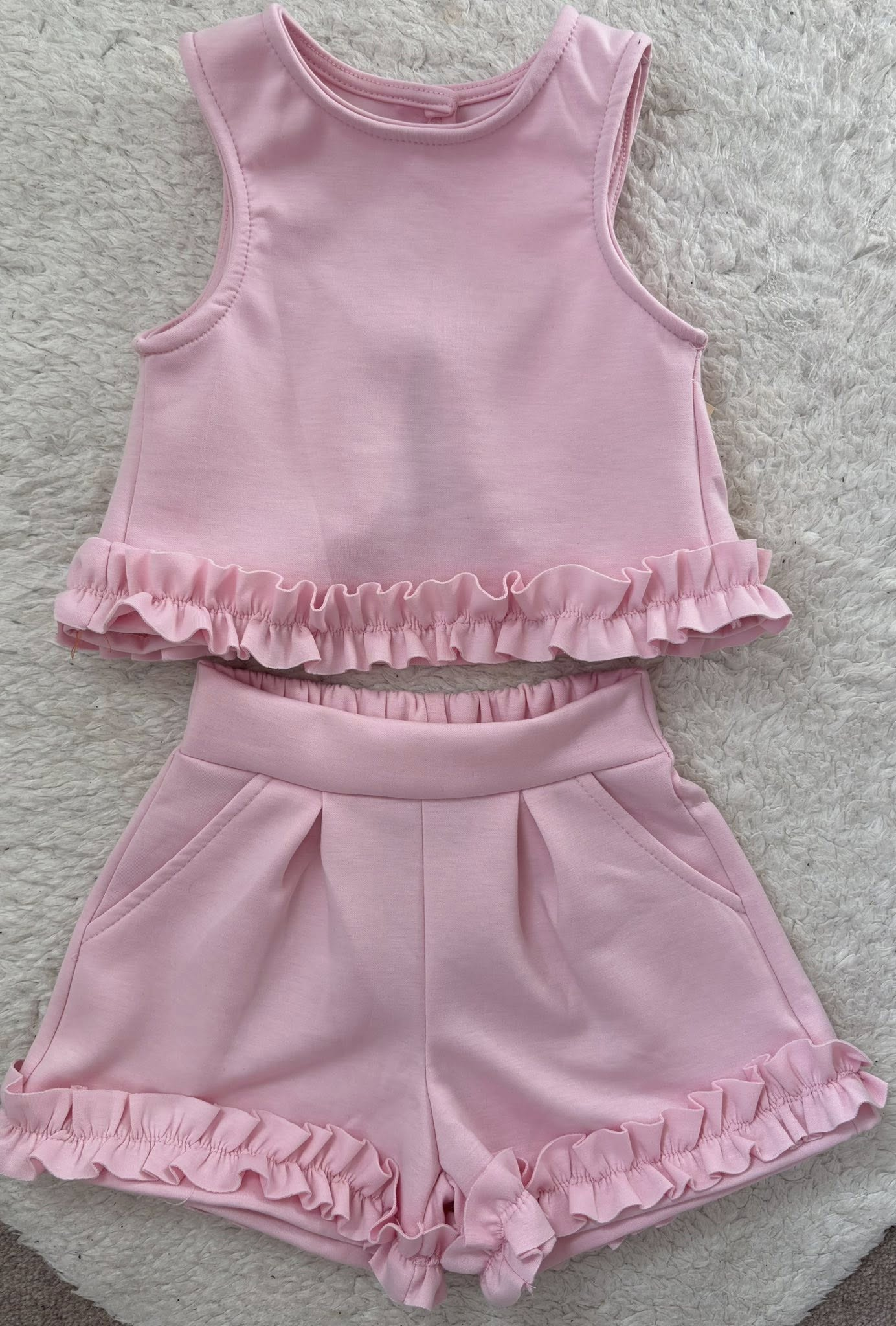 Baby Girls Pink Sleeveless Shirt Top Ruffle Pockets Short Clothes Set Preorder