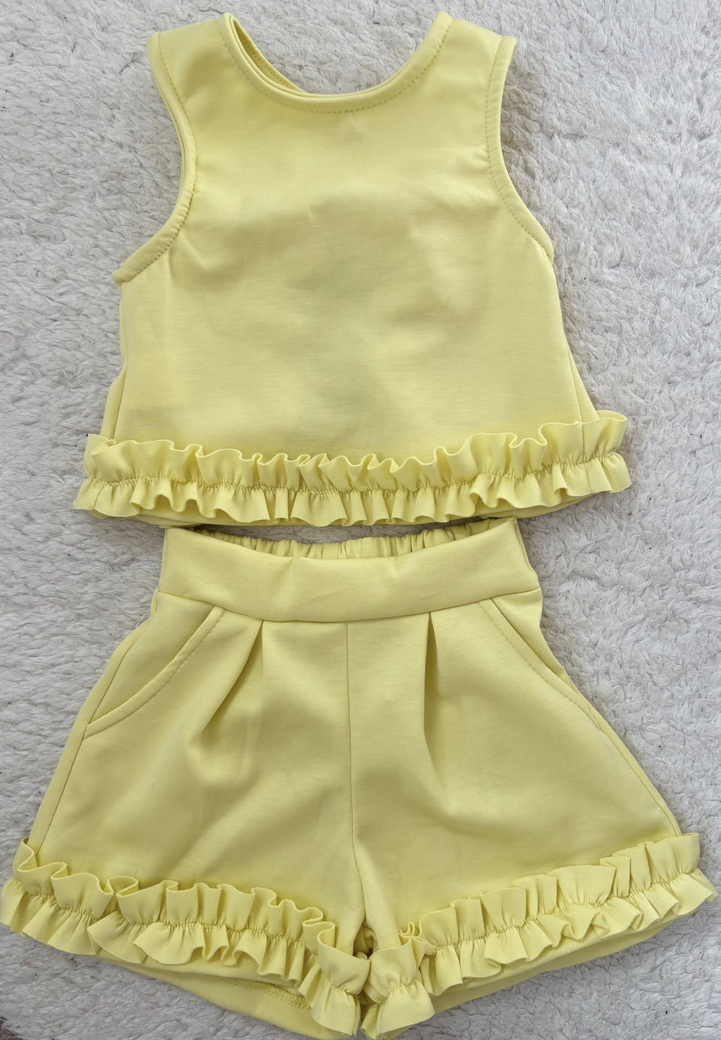 Baby Girls Yellow Sleeveless Shirt Top Ruffle Pockets Short Clothes Set Preorder