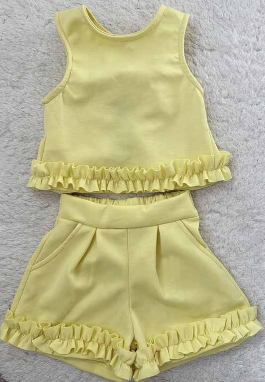 Baby Girls Yellow Sleeveless Shirt Top Ruffle Pockets Short Clothes Set Preorder