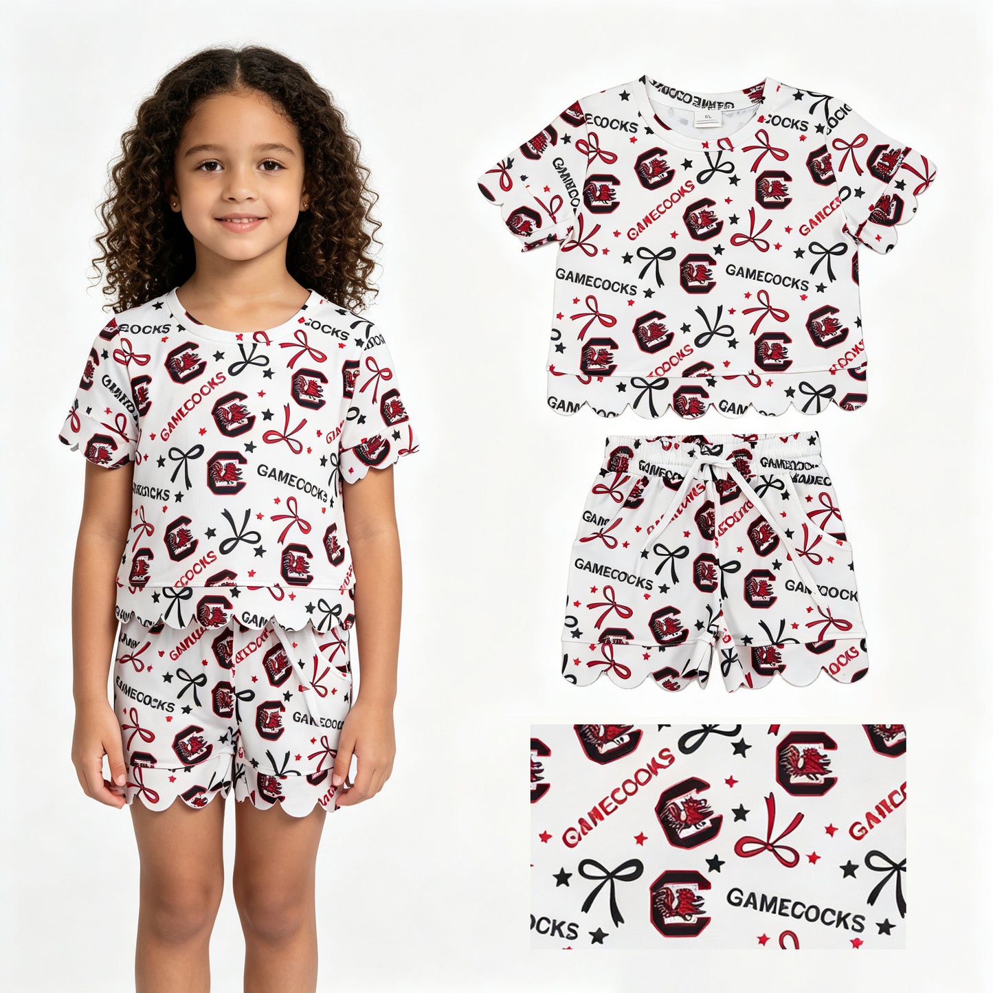 Baby Girls Gamecocks Bows Top Pockets Short Team Scallop Clothes Sets