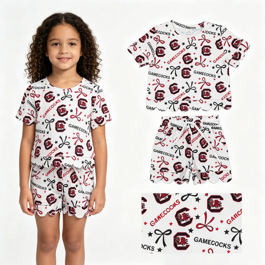 Baby Girls Gamecocks Bows Top Pockets Short Team Scallop Clothes Sets