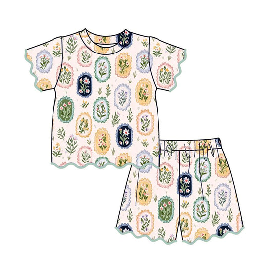 Baby Girls Colorful Flowers Top Short Scallop Clothes Sets Preorder