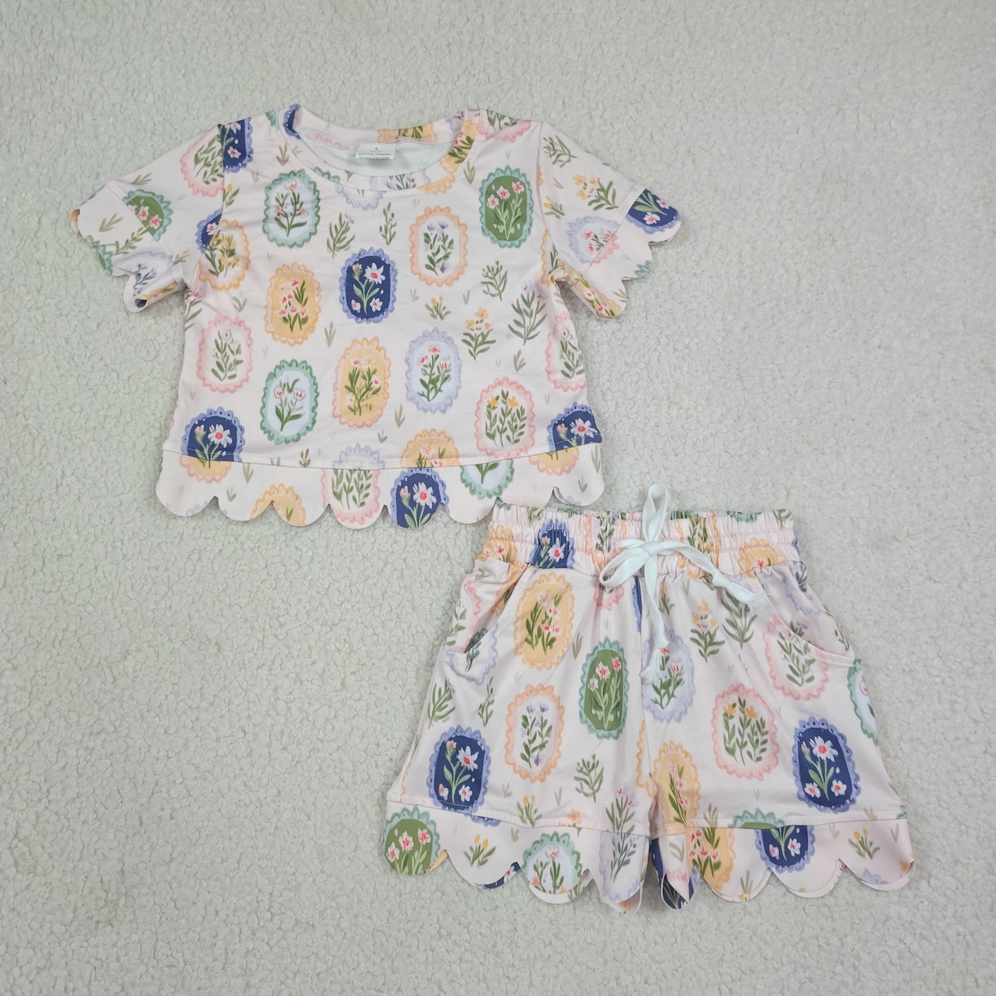 Baby Girls Colorful Flowers Top Pockets Short Scallop Clothes Sets