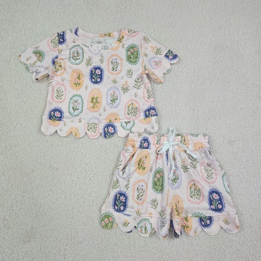 Baby Girls Colorful Flowers Top Pockets Short Scallop Clothes Sets