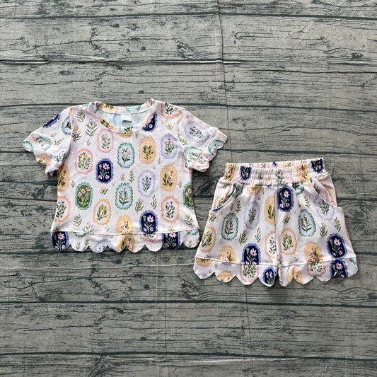 Baby Girls Colorful Flowers Top Short Scallop Clothes Sets Preorder