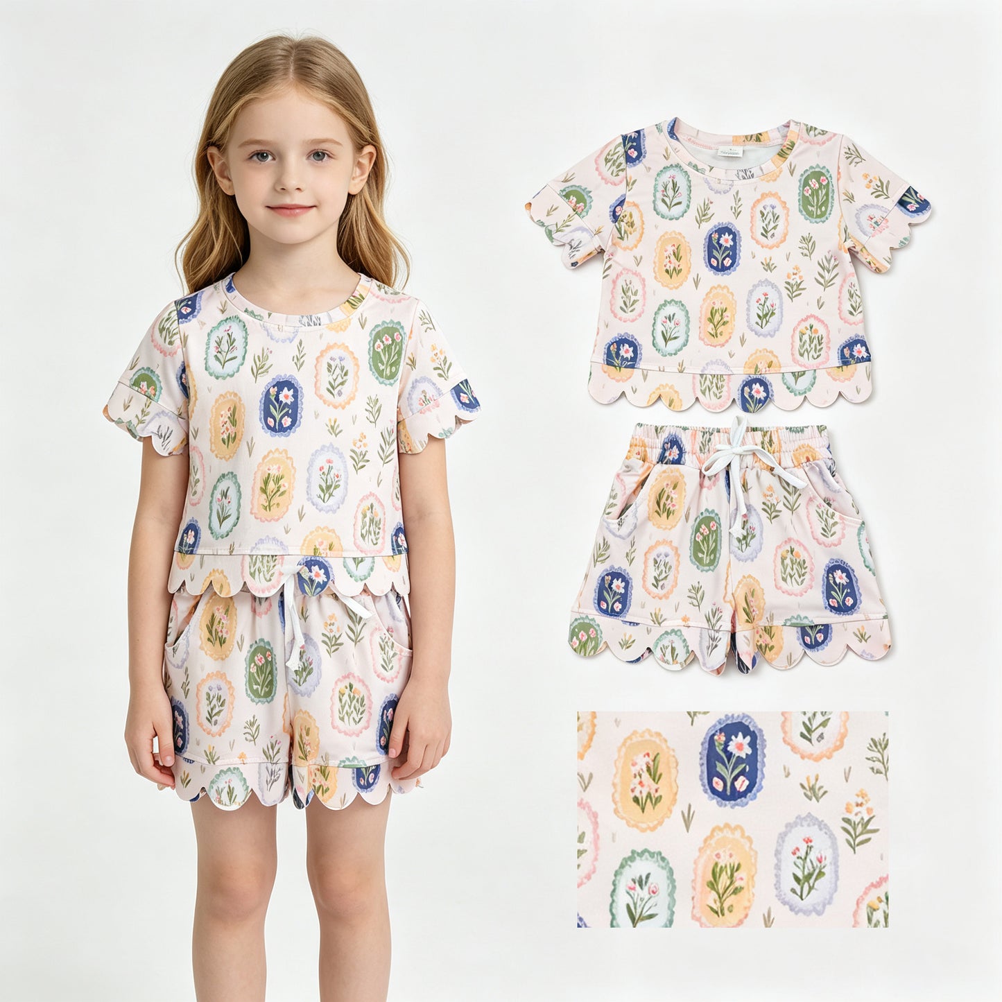 Baby Girls Colorful Flowers Top Pockets Short Scallop Clothes Sets