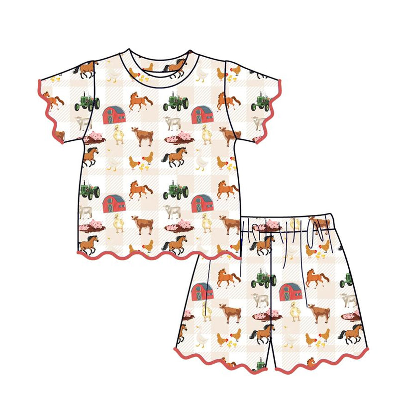 Baby Girls Pigs Cows Horses Top Short Scallop Farm Clothes Sets Preorder