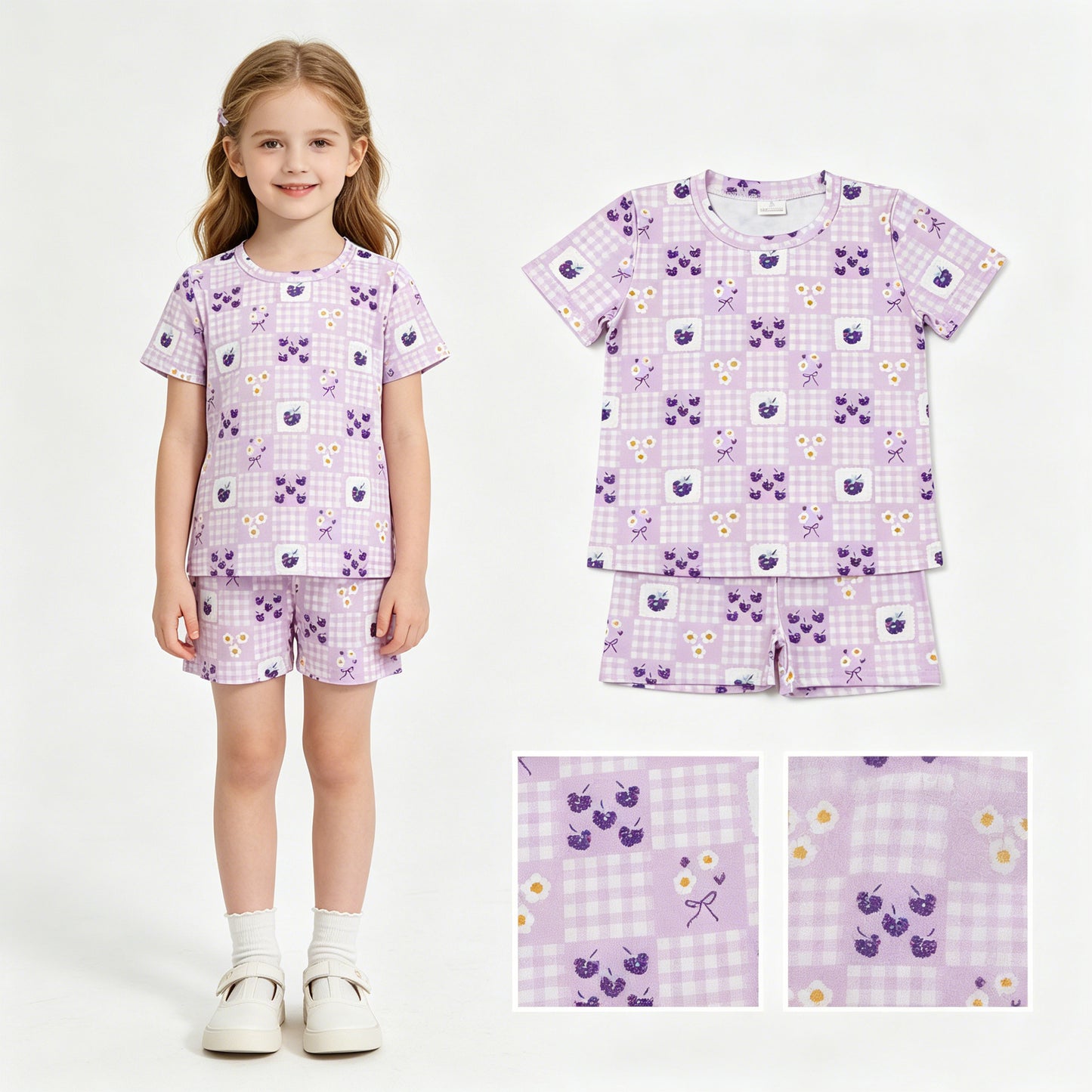 Baby Girls Flowers Grapes Checked Top Short Slouchy Clothes Set