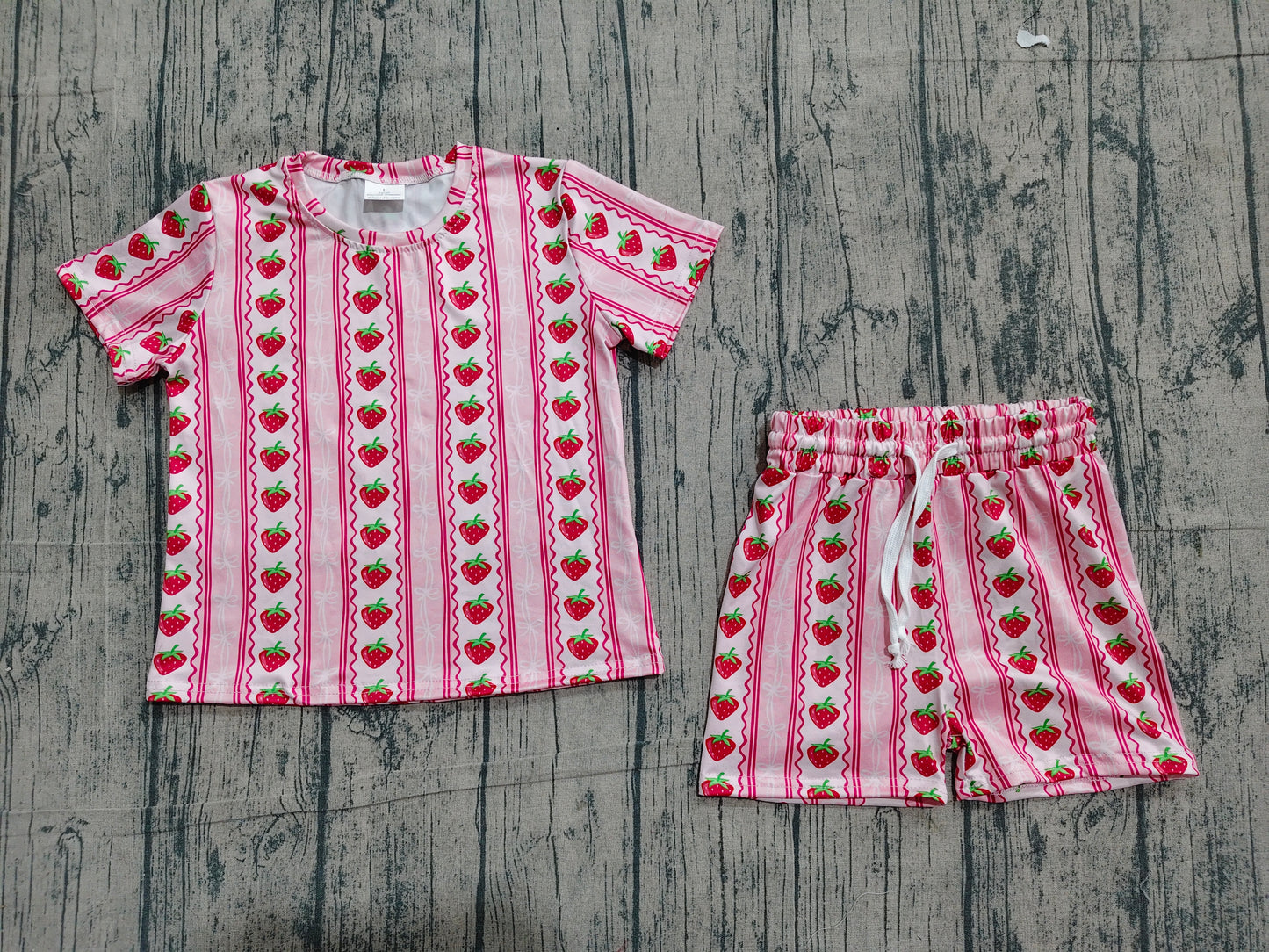 Baby Girls Bows Strawberry Stripe Top Short Pajamas Slouchy Clothes Set