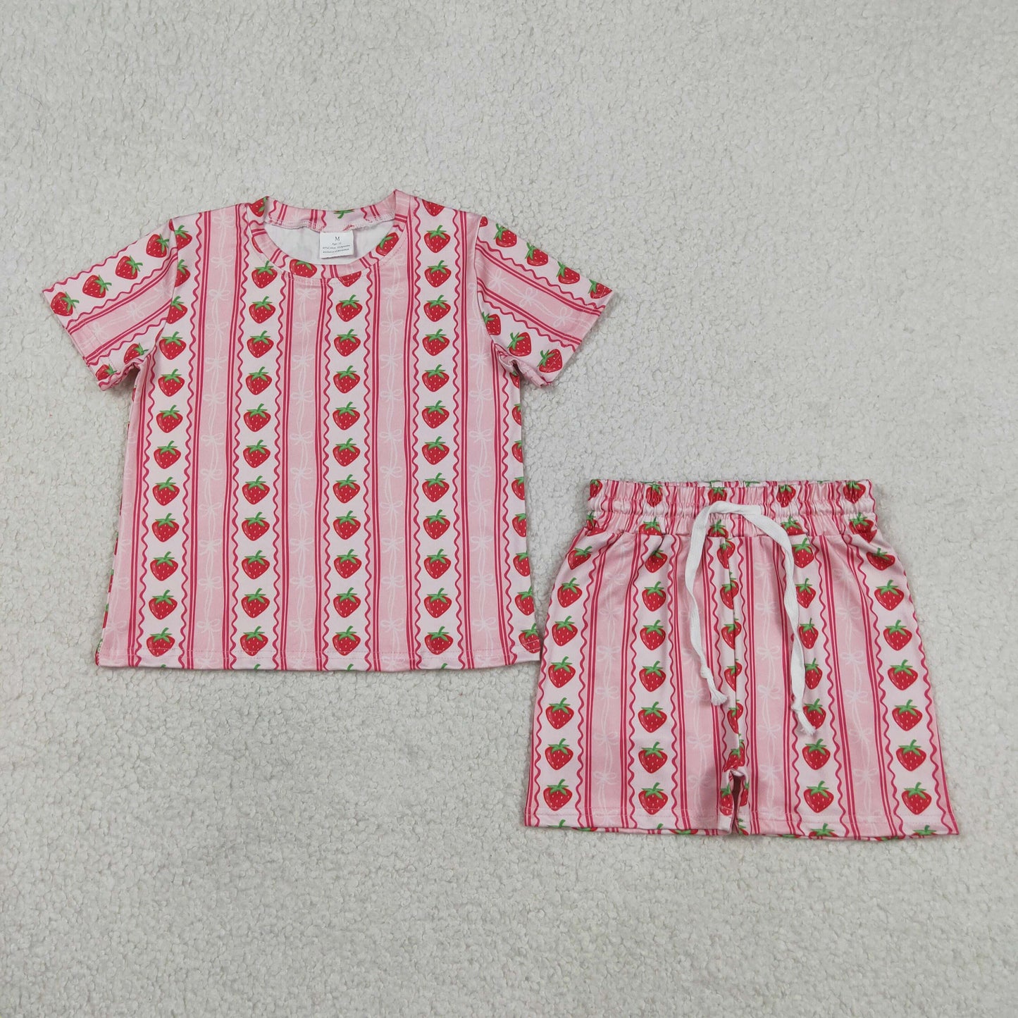Baby Girls Bows Strawberry Stripe Top Short Pajamas Slouchy Clothes Set