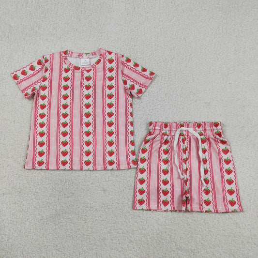 Baby Girls Bows Strawberry Stripe Top Short Pajamas Slouchy Clothes Set