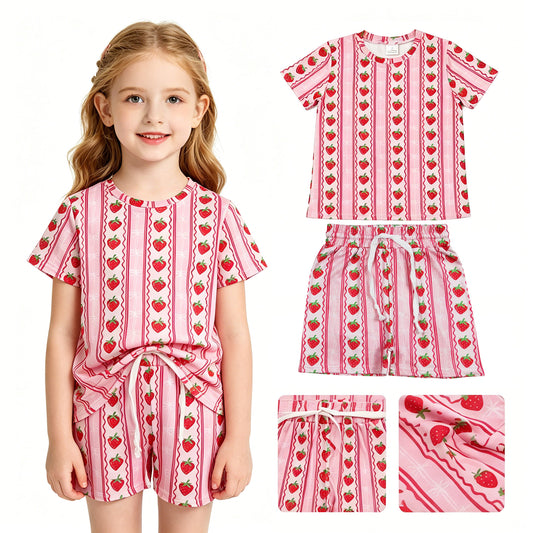 Baby Girls Bows Strawberry Stripe Top Short Pajamas Slouchy Clothes Set