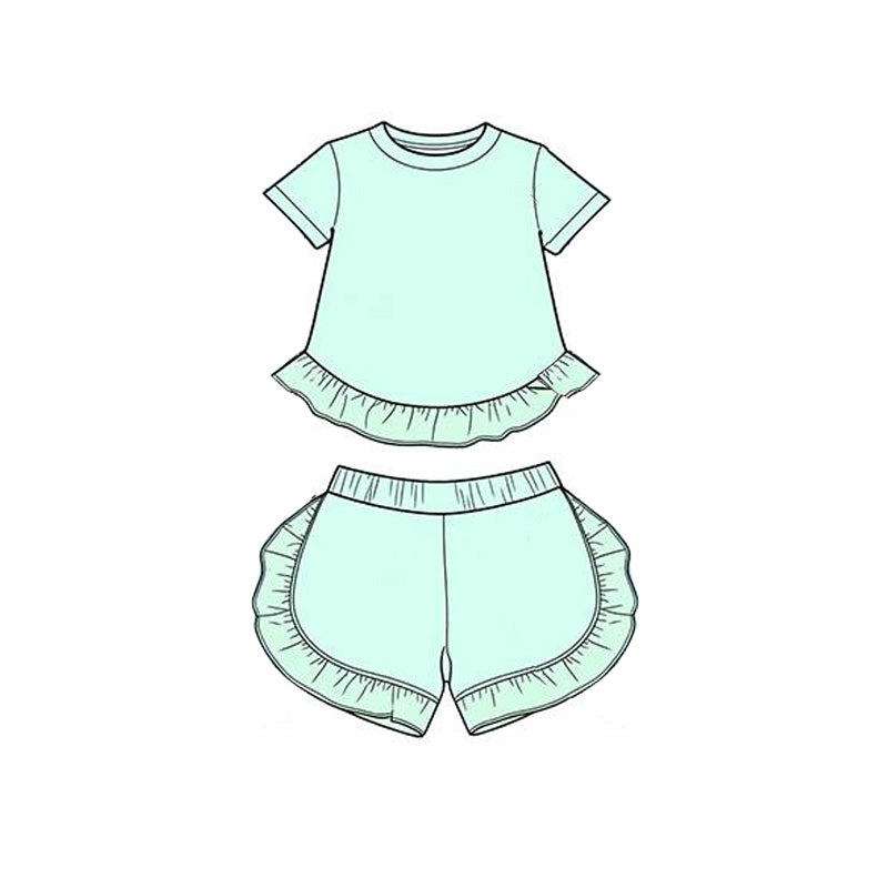 Baby Girls Blue Short Sleeve Shirt Top Ruffle Short Clothes Set Preorder