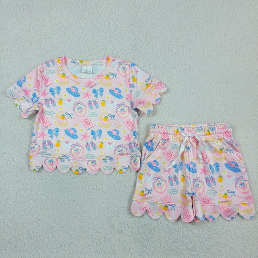 Sibling Baby Girls Colorful Flowers Top Pockets Shorts Scallop Clothes Sets