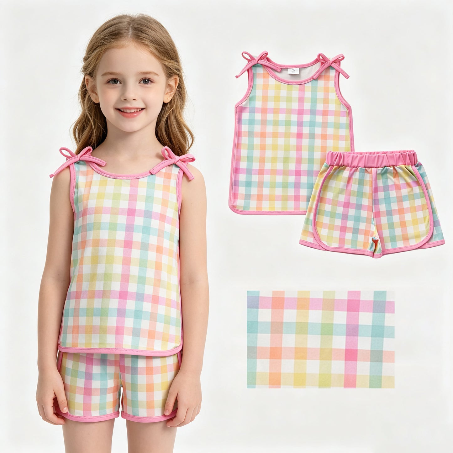 Baby Girls Sleeveless Colorful Checked Shirt Top Short Clothes Set