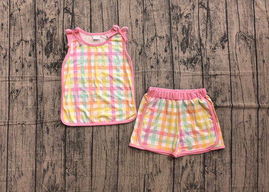 Baby Girls Sleeveless Colorful Checked Shirt Top Short Clothes Set Preorder