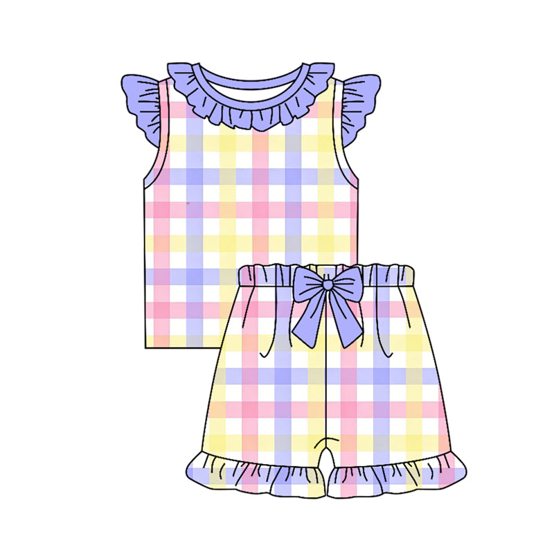 Baby Girls Flutter Sleeve Colorful Checked Shirt Top Ruffle Short Clothes Set Preorder