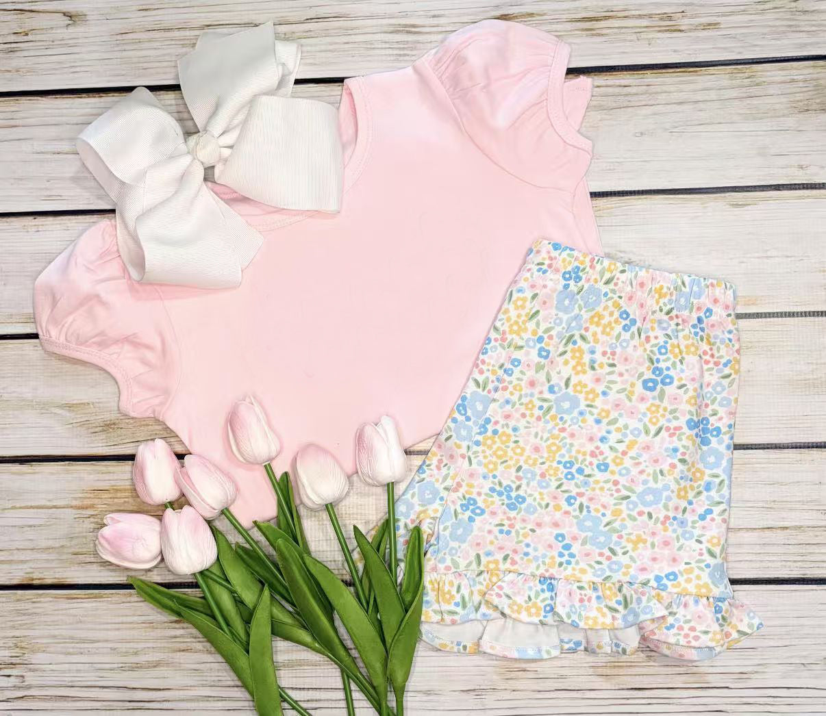 Baby Girls Short Ruffle Sleeve Small Flowers Top Ruffle Short Clothes Set Preorder